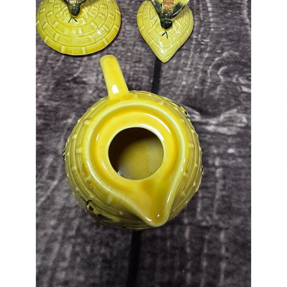 Vintage Yellow Beehive Ceramic Sugar Bowl and Creamer Set with Bees Skep Design‎